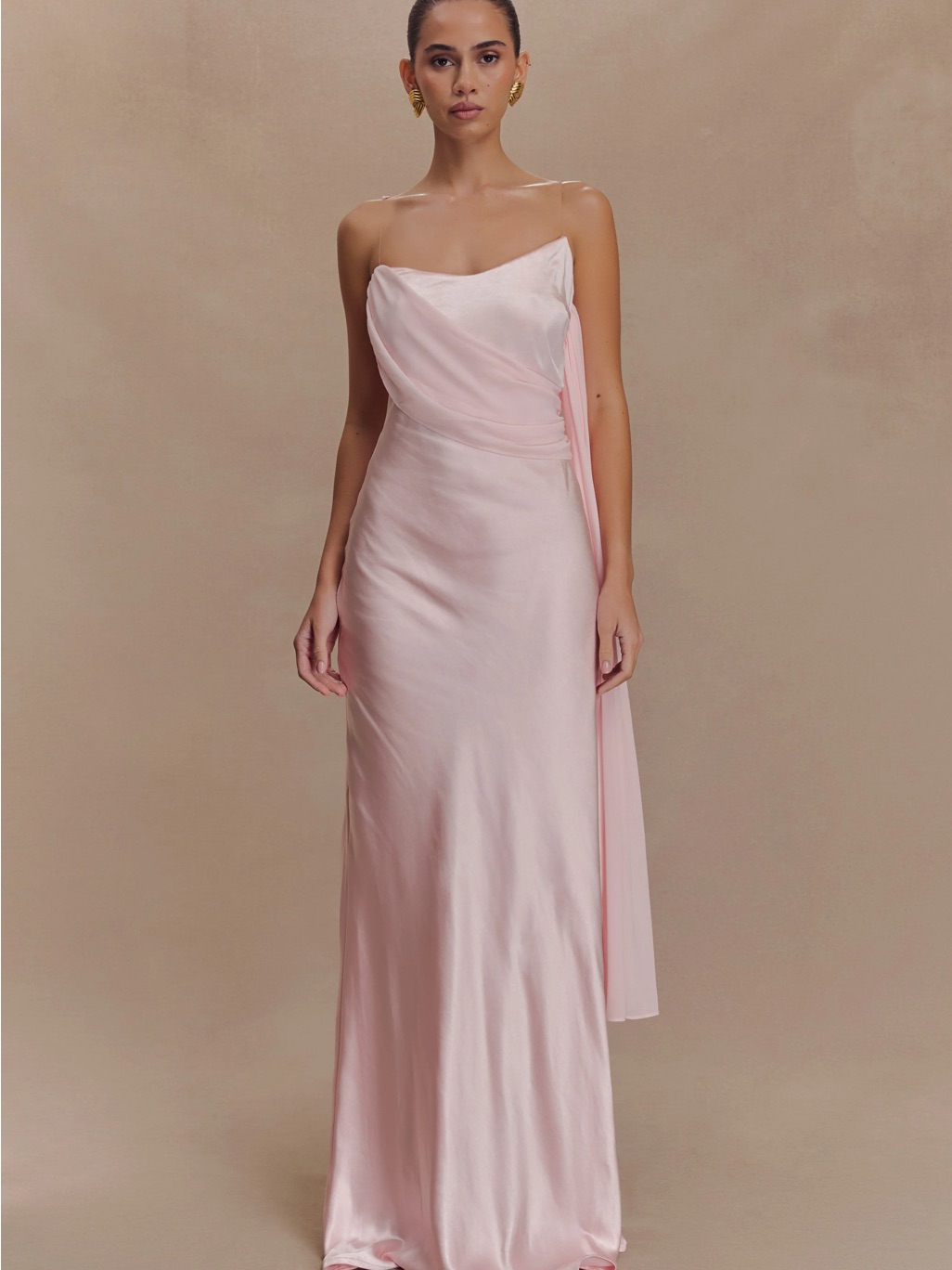 Meshki Strapless Satin Gown In Soft Pink
